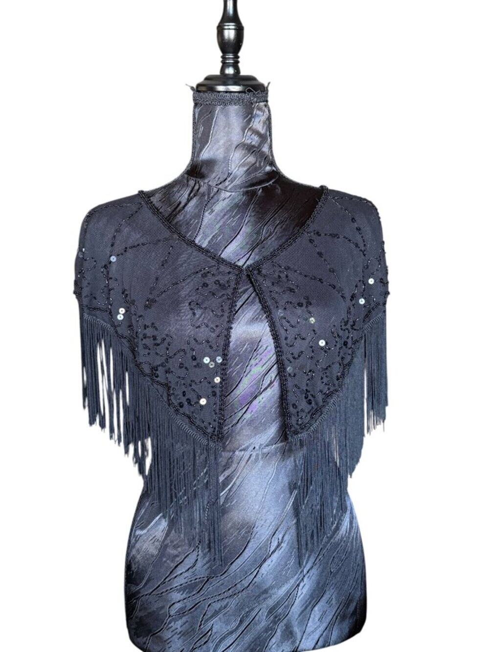Amazon Vintage 1920s Style Black Beaded Sequin Fringe Capelet Shawl One Size